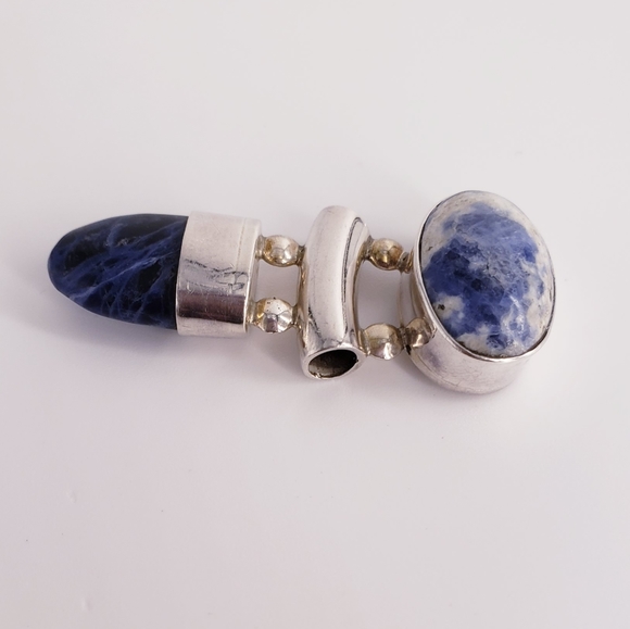 Vintage Sterling Silver Signed Mexico Sodalite Cabachon Bullet Pendant - Picture 3 of 5